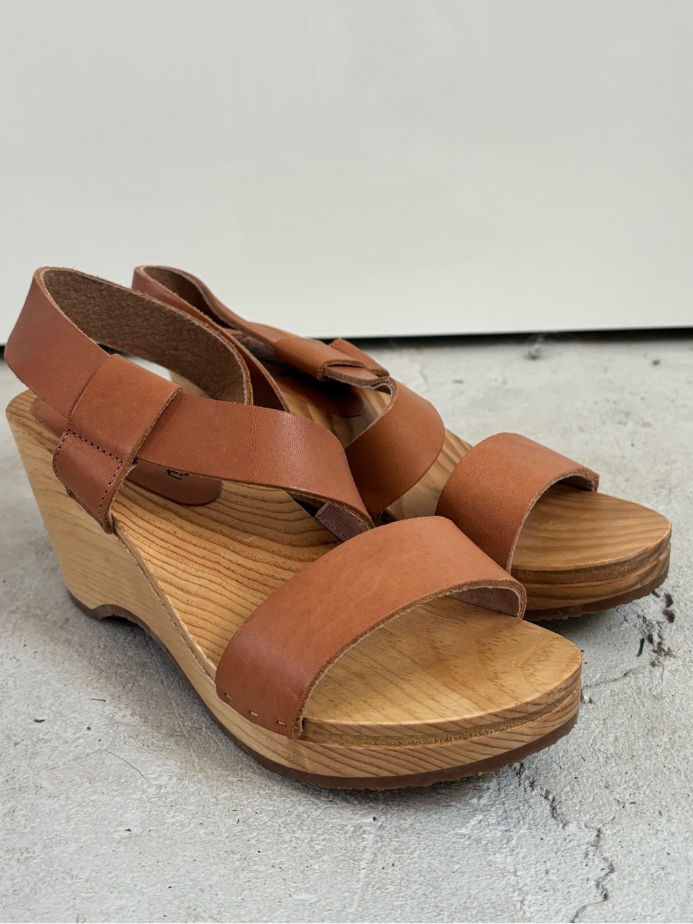 Free People Cognac Leather Platform Wedge Sandals
